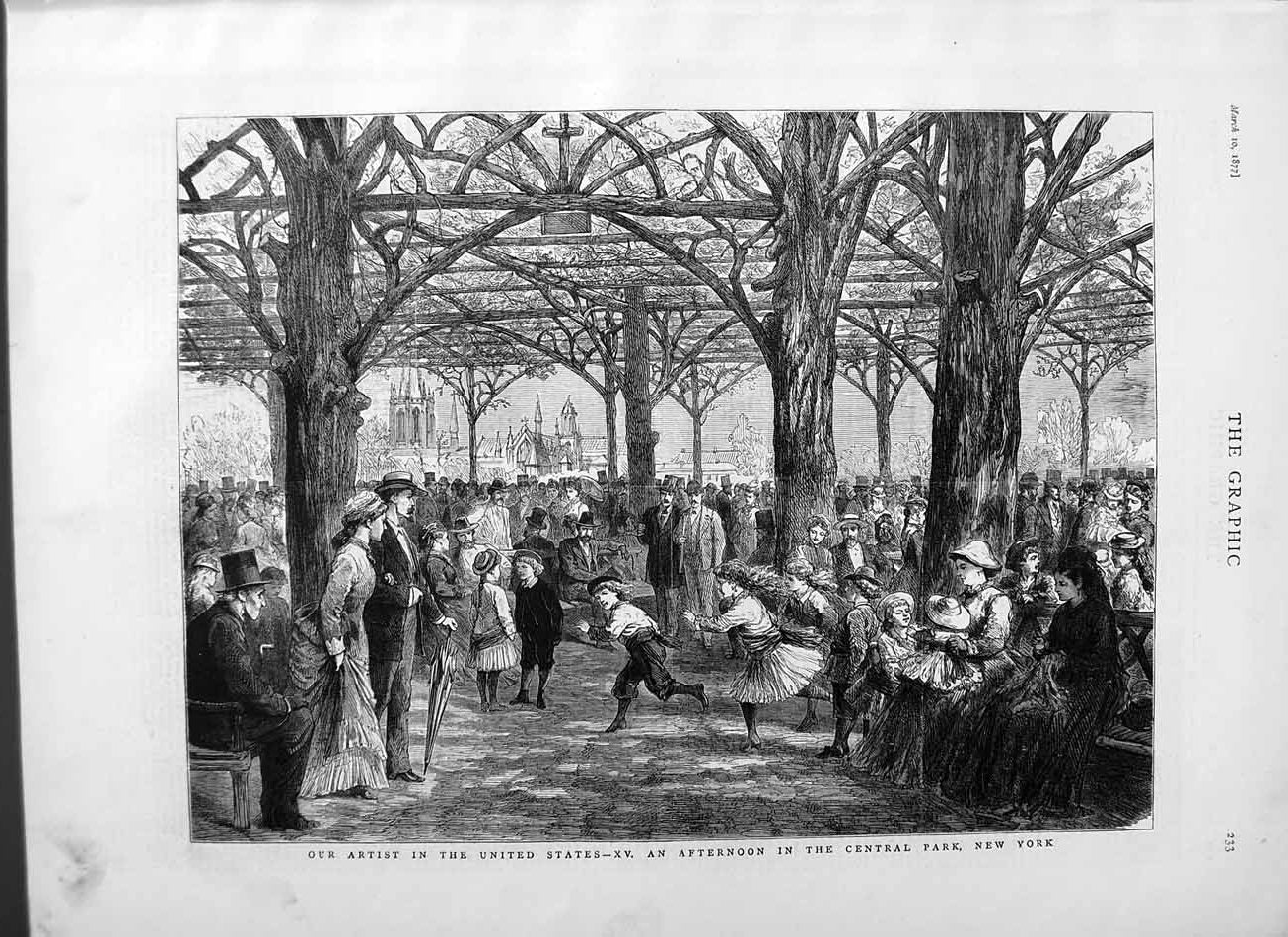 Original Old Antique Print 1877 America Central Park New York Children 19th