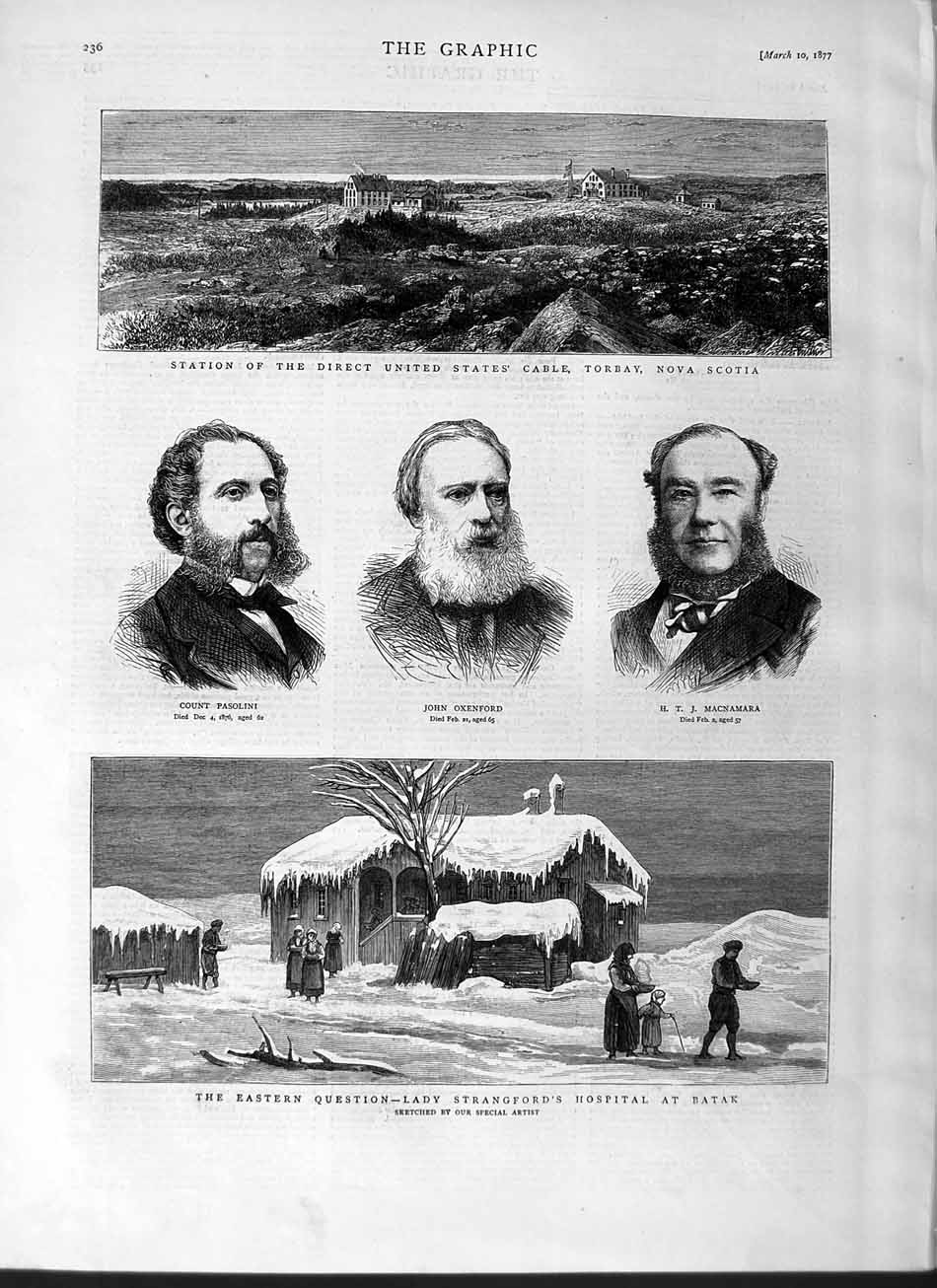 Old Antique Print 1877 Torbay Nova Scotia Strangford Hospital Batak Men 19th