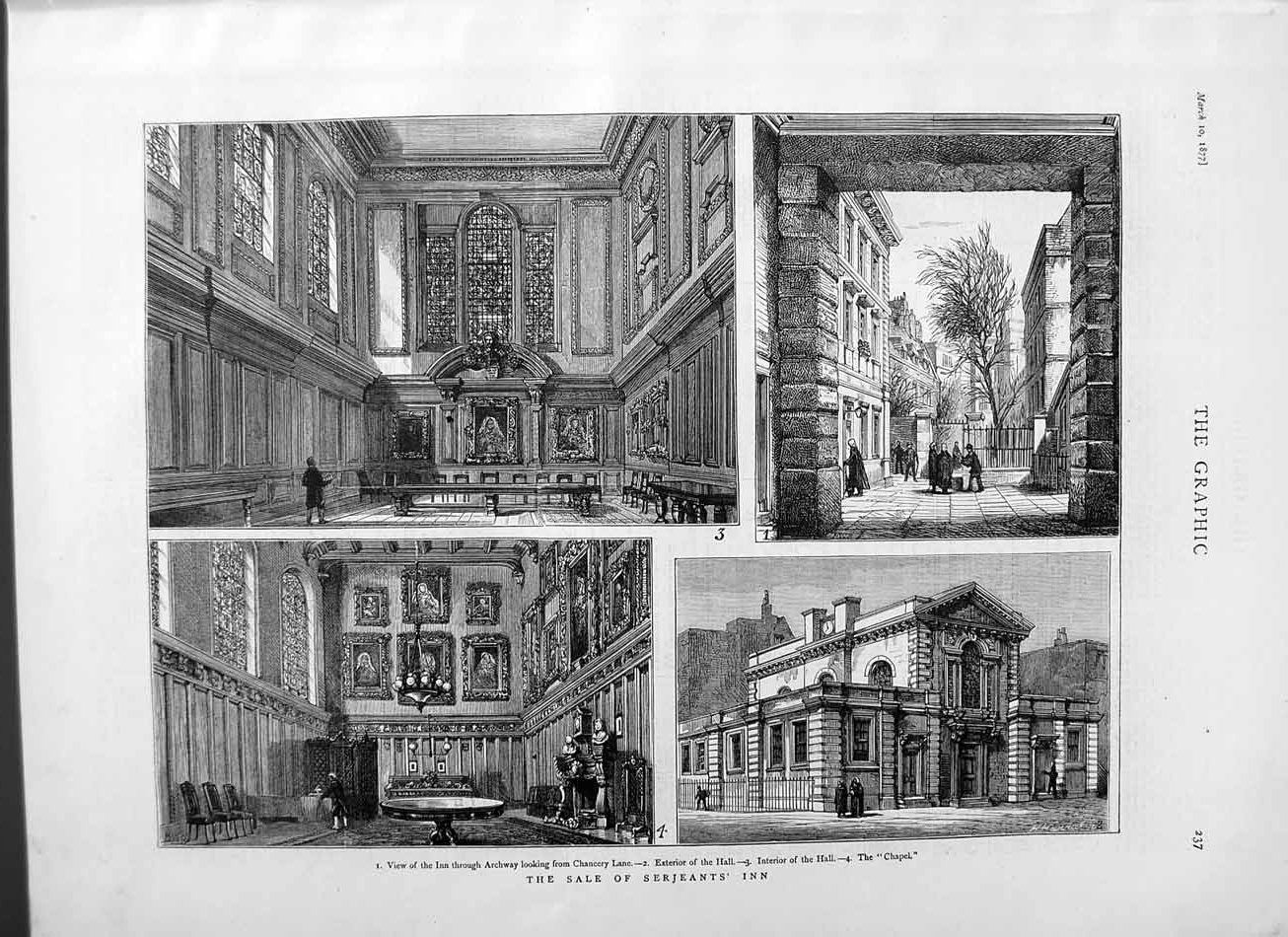 Original Old Antique Print 1877 Sale Serjeants Inn Chancery Lane Chapel Hall