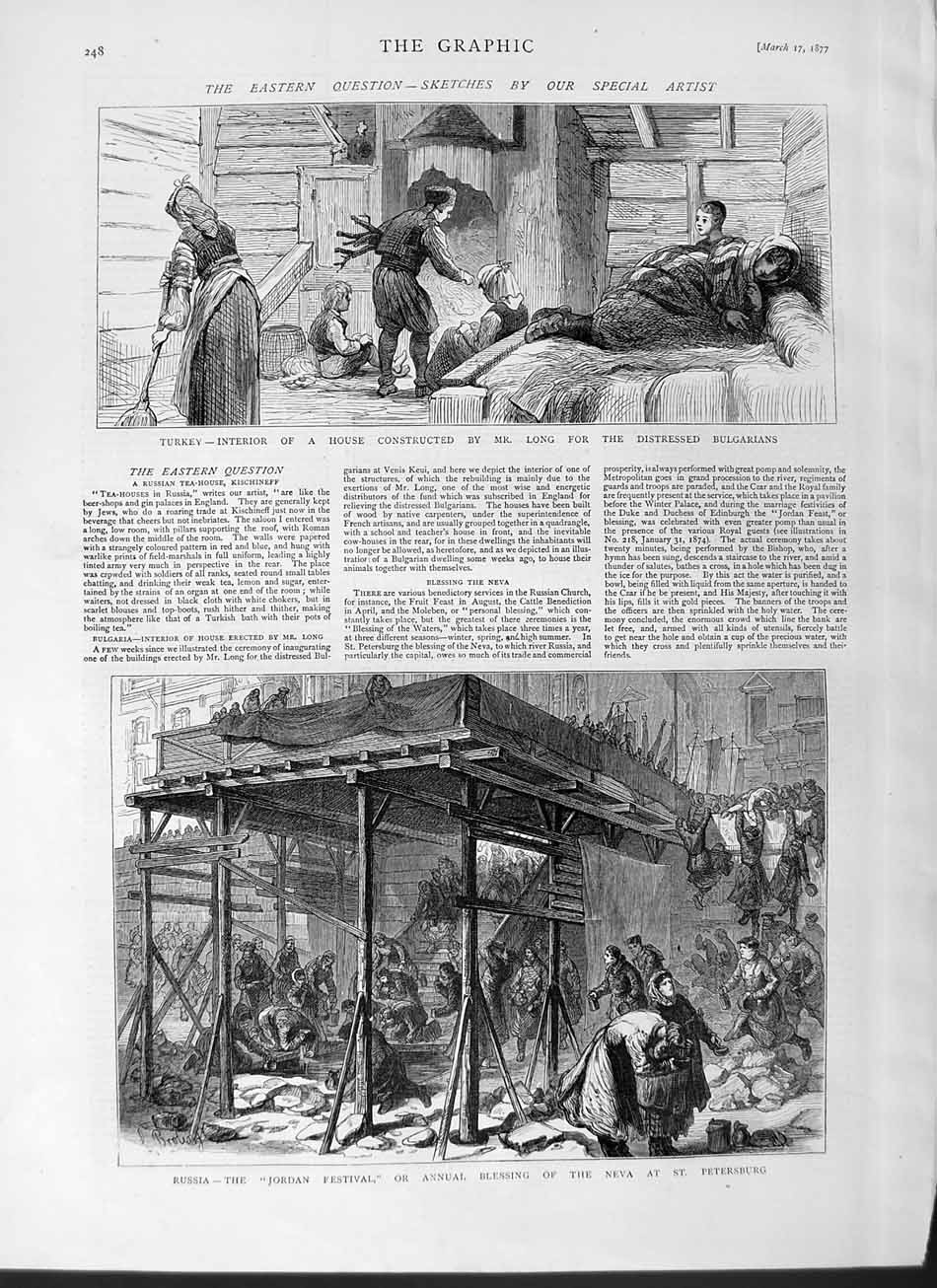 Original Old Antique Print 1877 Turkey House Long Russia Jordan Petersburg Neva