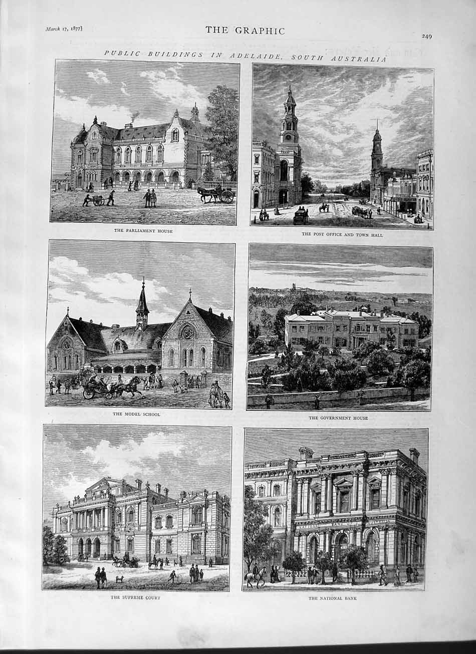Old Antique Print 1877 Adelaide Australia Court Bank Post Office School 19th
