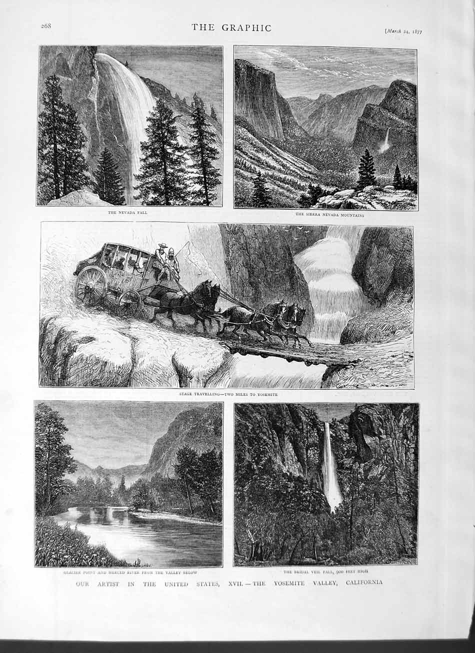 Original Old Antique Print 1877 Yosemite Valley California America Nevada Veil