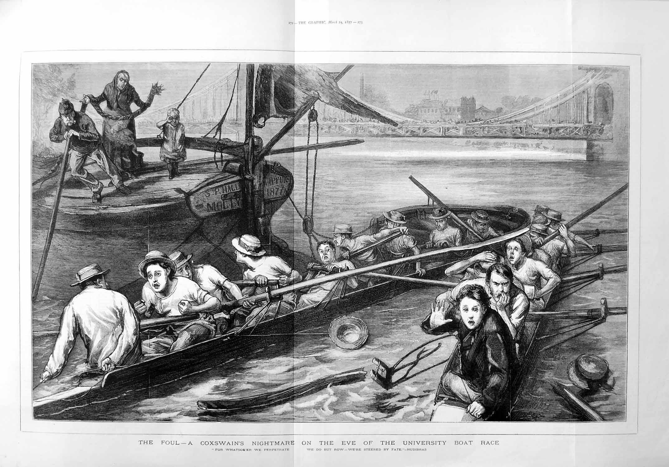 Old Antique Print 1877 Coxswain Crew University Boat Race Sport Thames 19th