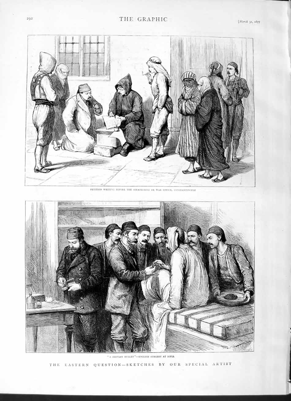 Original Old Antique Print 1877 War Office Constantinople English Doctor Sofia