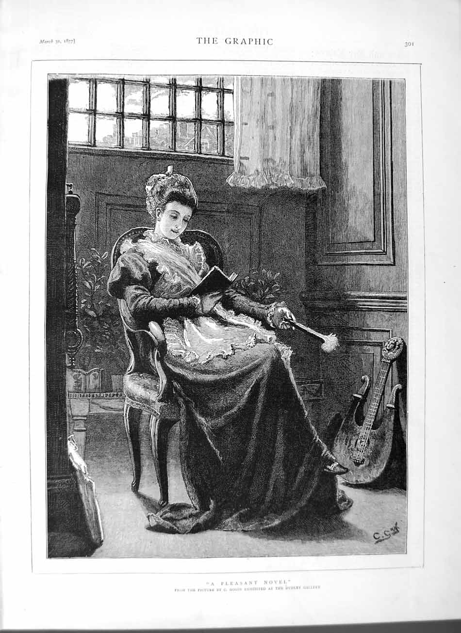 Original Old Antique Print 1877 Gogin Dudley Gallery Art Lady Reading Book 19th