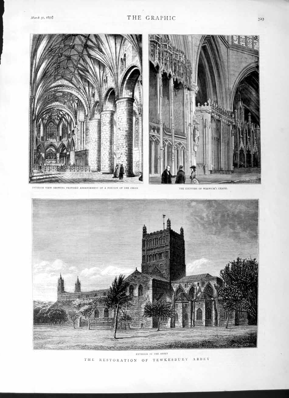 Old Antique Print 1877 Tewkesbury Abbey Warwick Chapel Choir Architecture 19th