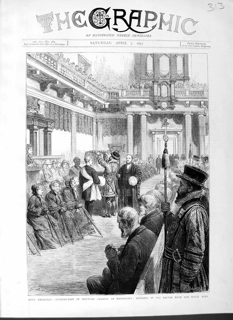 Old Antique Print 1877 Holy Thursday Maundy Charity Whitehall Royal Alms 19th