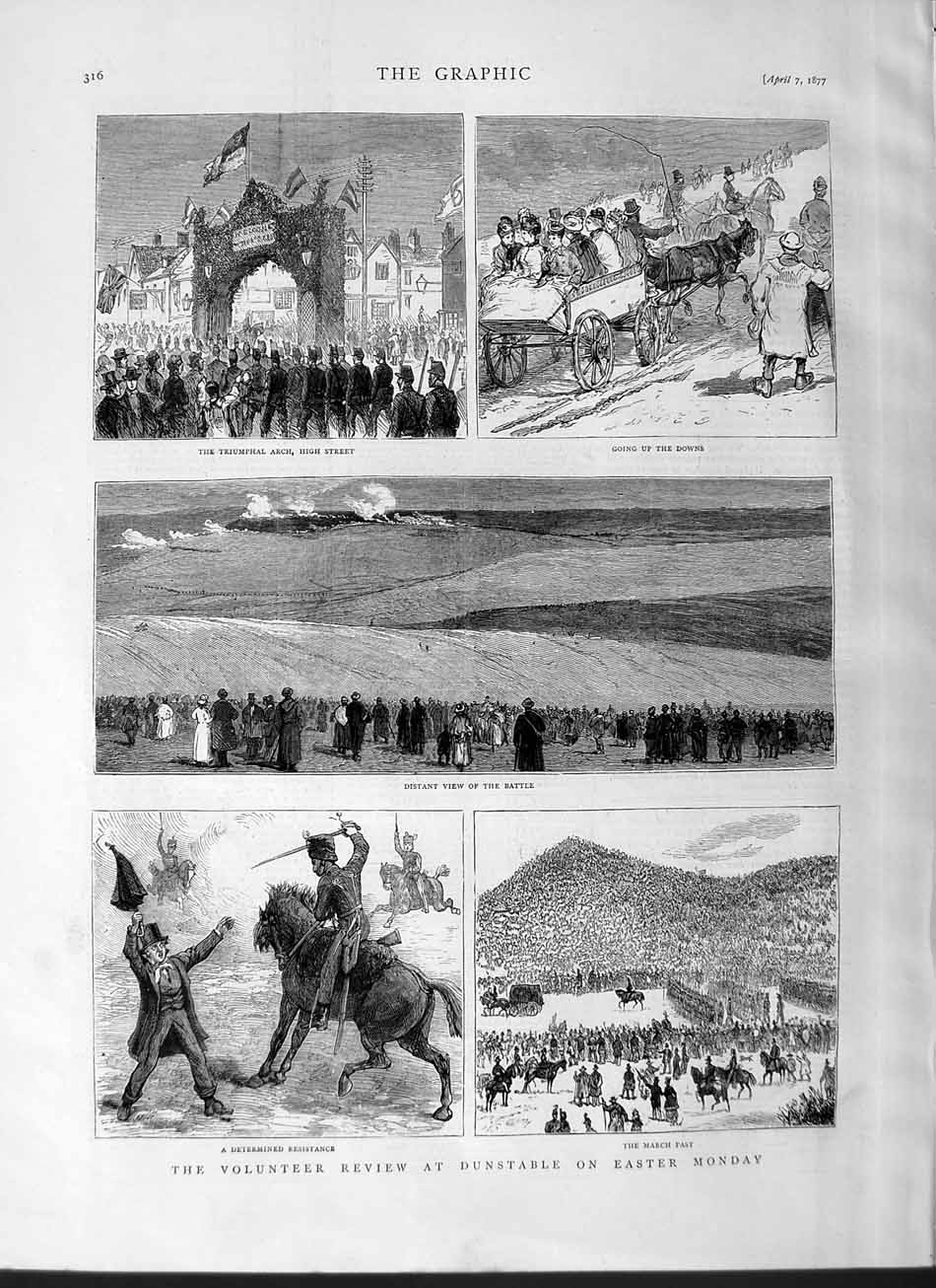 Original Old Antique Print 1877 Siers Volunteers Dunstable Battle Horses Arch