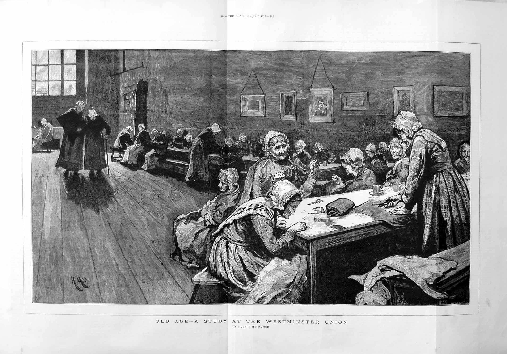 Original Old Antique Print 1877 Ladies Study Westminster Union Hubert Herkomer