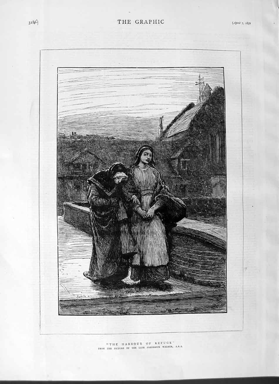 Original Old Antique Print 1877 Harbour Refuge Ladies Frederick Walker 19th