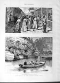 Original Old Antique Print 1877 America River Boat Testimony Rocks Lunch People