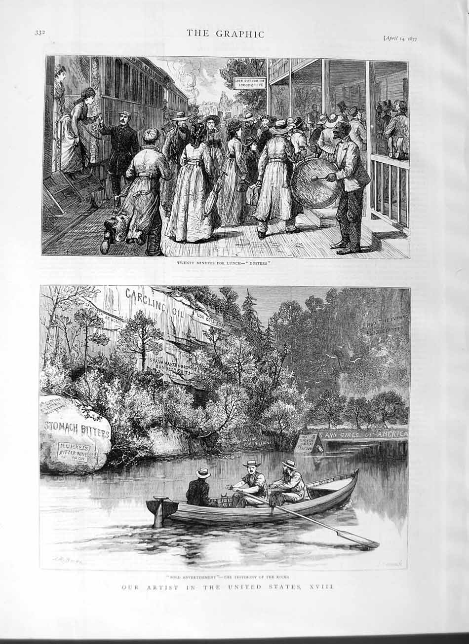 Original Old Antique Print 1877 America River Boat Testimony Rocks Lunch People