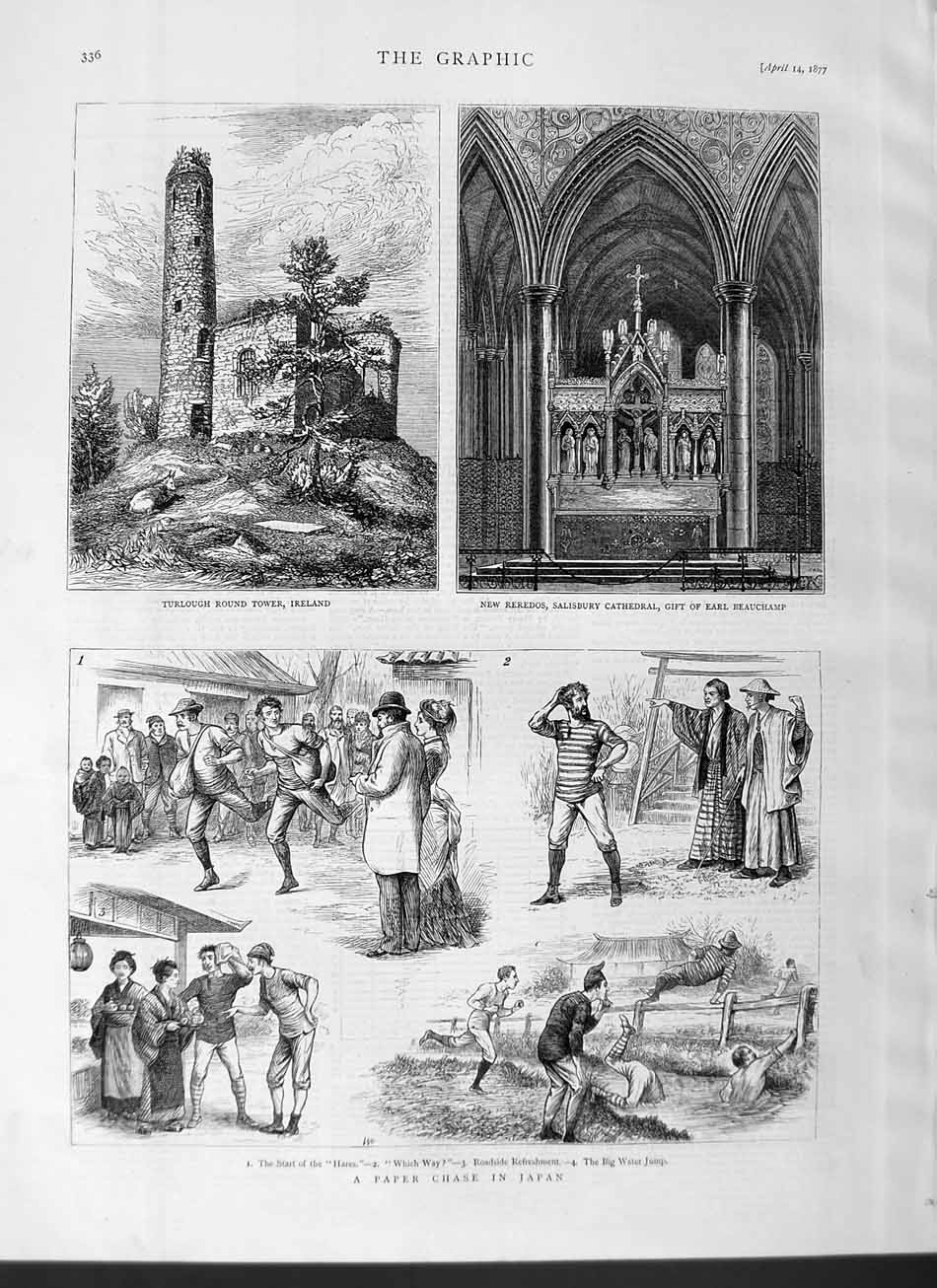 Old Antique Print 1877 Paper Chase Japan Ireland Turlogh Cathedral Earl 19th