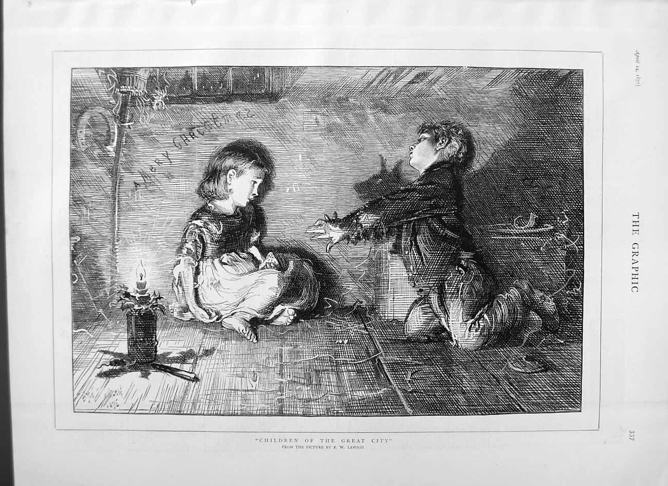 Original Old Antique Print 1877 Lawson Children Candlelight Christmas Victorian