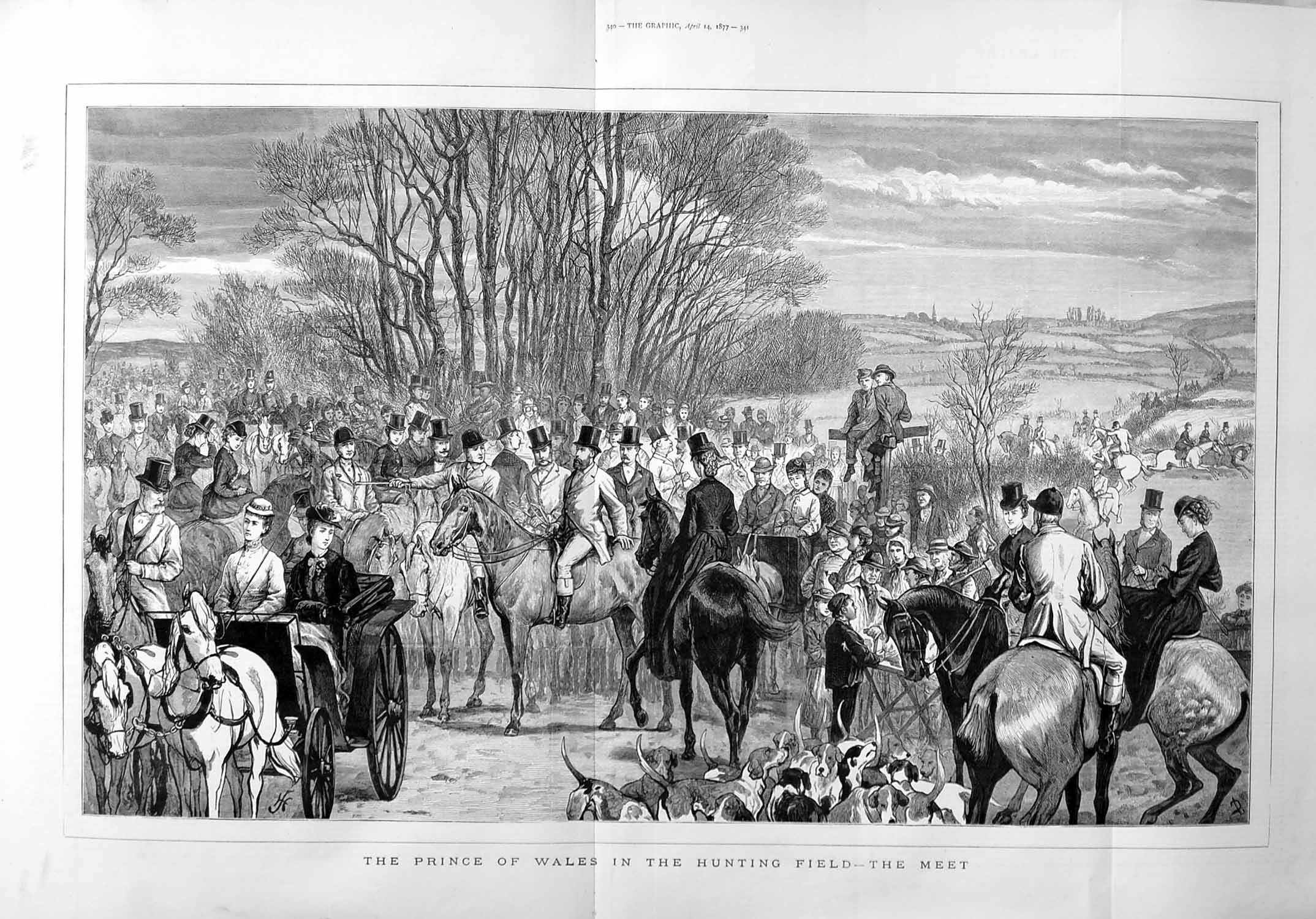 Original Old Antique Print 1877 Prince Wales Hunting Field Sport Horses Hounds