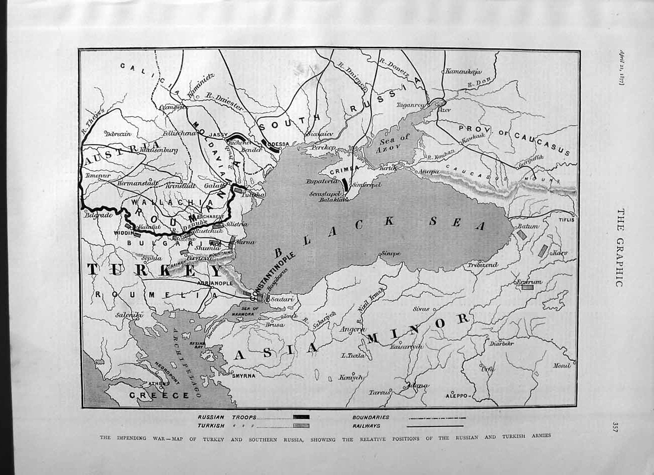 Original Old Antique Print 1877 War Map Turkey Russia Black Sea Asia Minor Azov