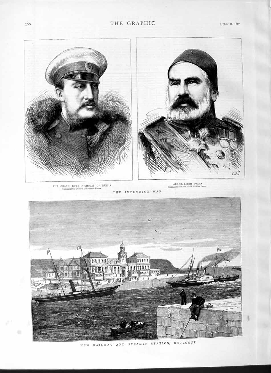 Old Antique Print 1877 Duke Nicholas Russia Pasha Railway Steamer Station 19th