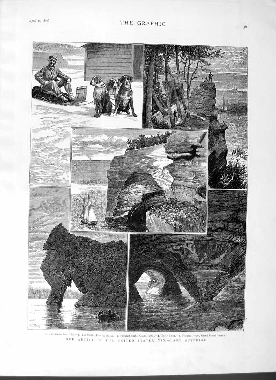 Original Old Antique Print 1877 America Lake Superior Castle Basalt Dyke Portal