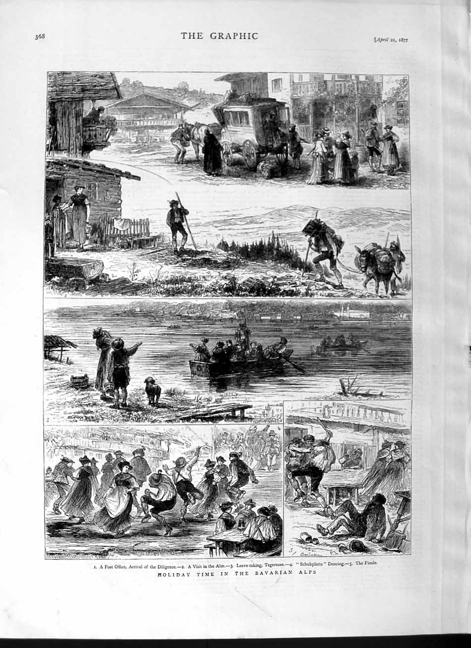 Original Old Antique Print 1877 Bavarian Alps Post Office Alm Tegernsee Dancing