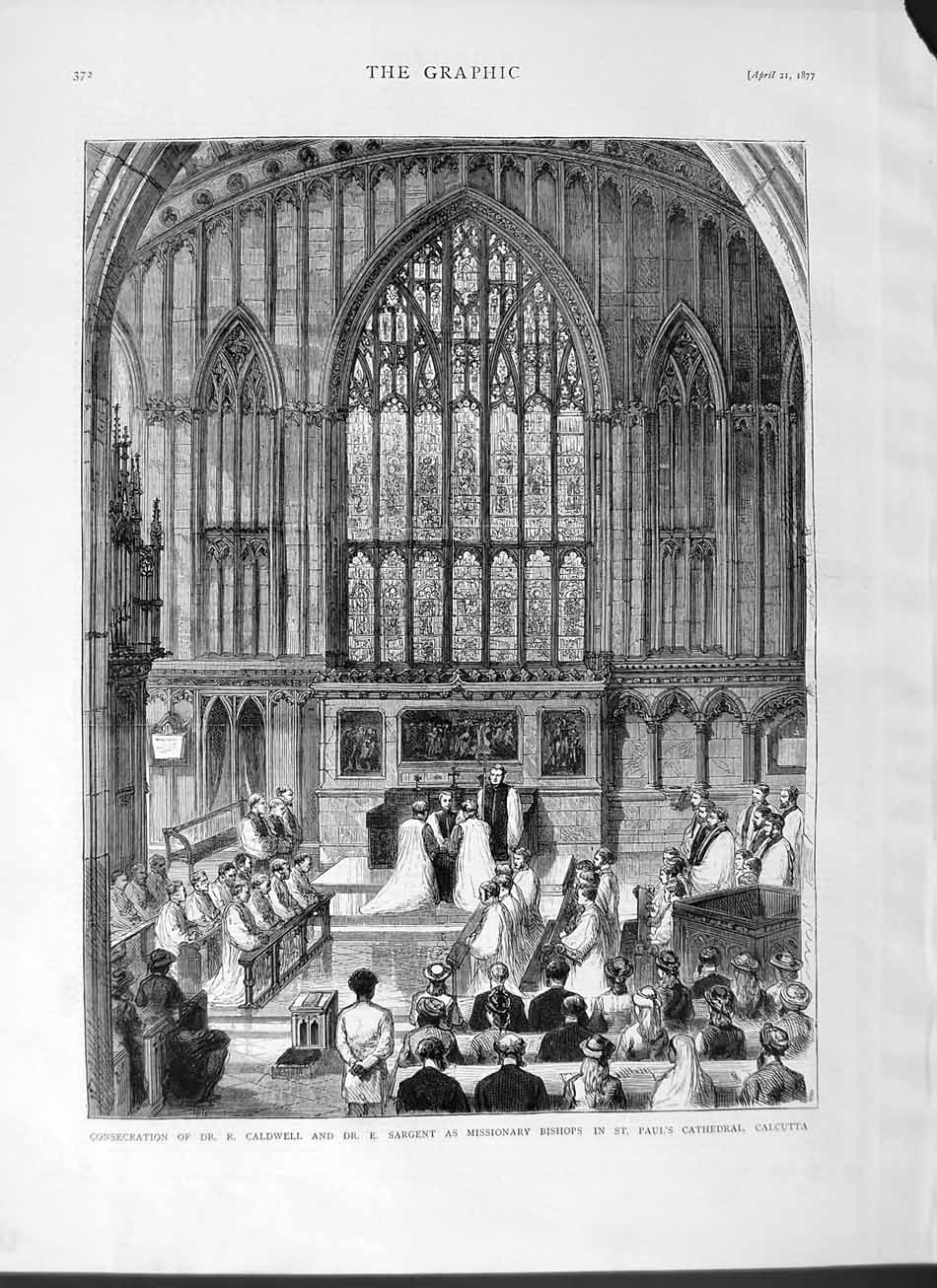 Old Antique Print 1877 Caldwell Sargent Bishops Paul'S Cathedral Calcutta 19th