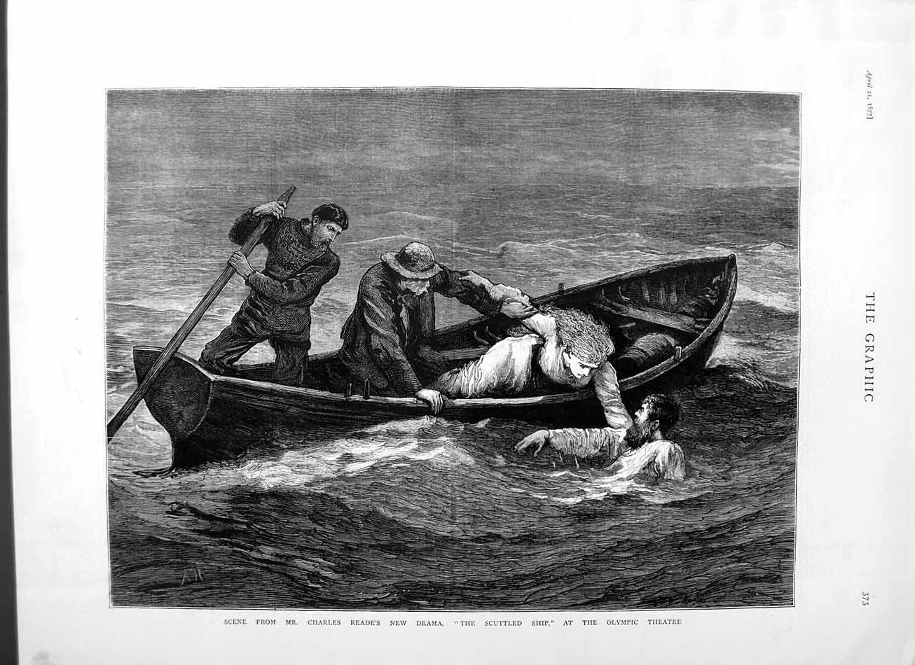 Original Old Antique Print 1877 Scene Charles Reade Drama Olympic Theatre Boat
