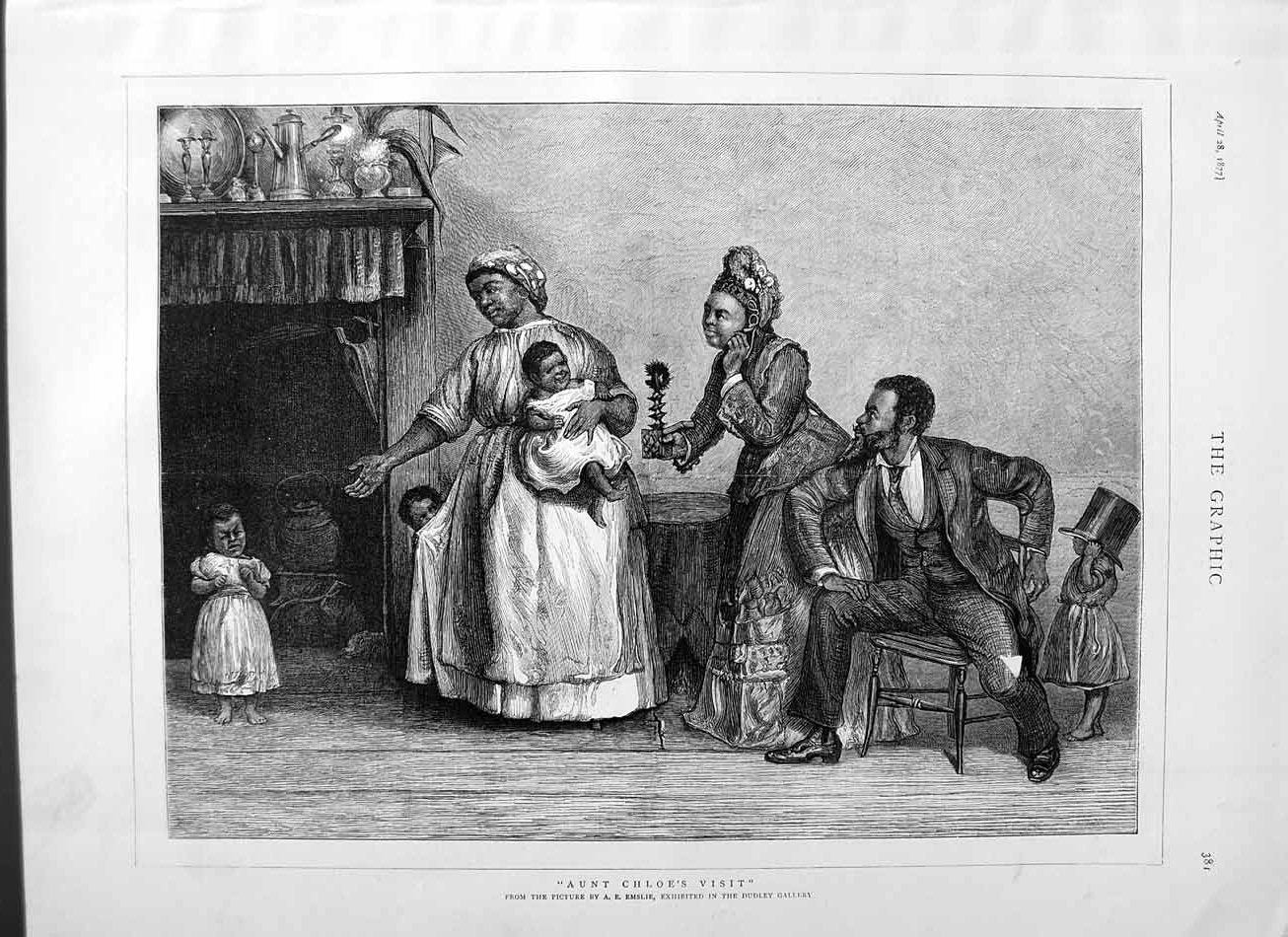 Old Antique Print 1877 Emslie Dudley Gallery Native Family Home Children 19th