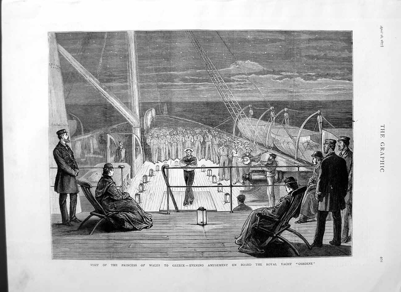 Original Old Antique Print 1877 Princess Wales Greece Royal Yacht Osborne Ship