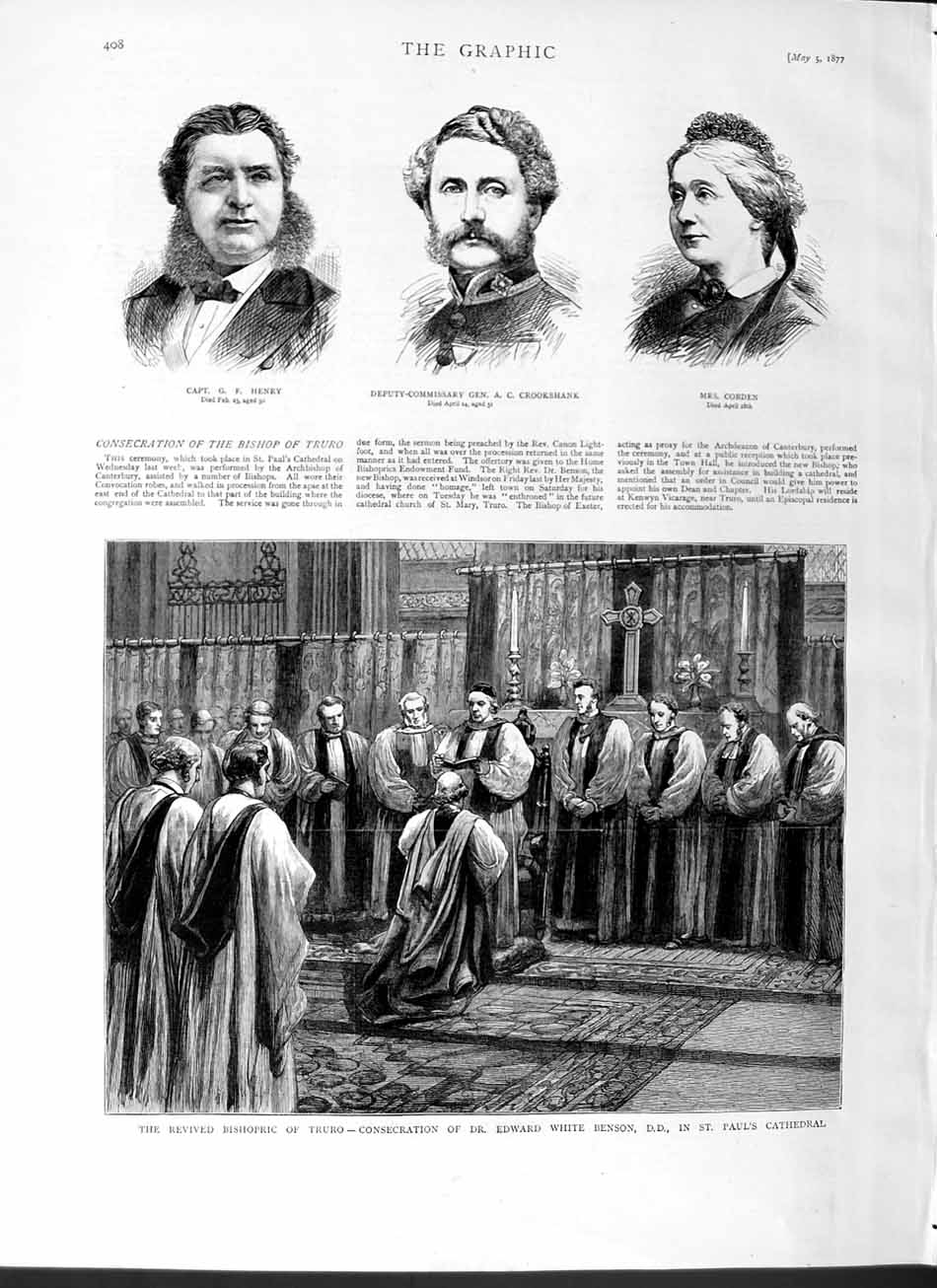 Old Antique Print 1877 Henry Crookshank Cobden Bishopric Truro Cathedral 19th