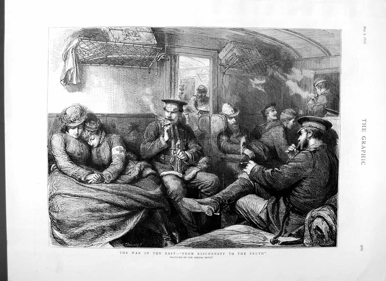 Old Antique Print 1877 War East Kischeneff Pruth Railway Train Passengers 19th