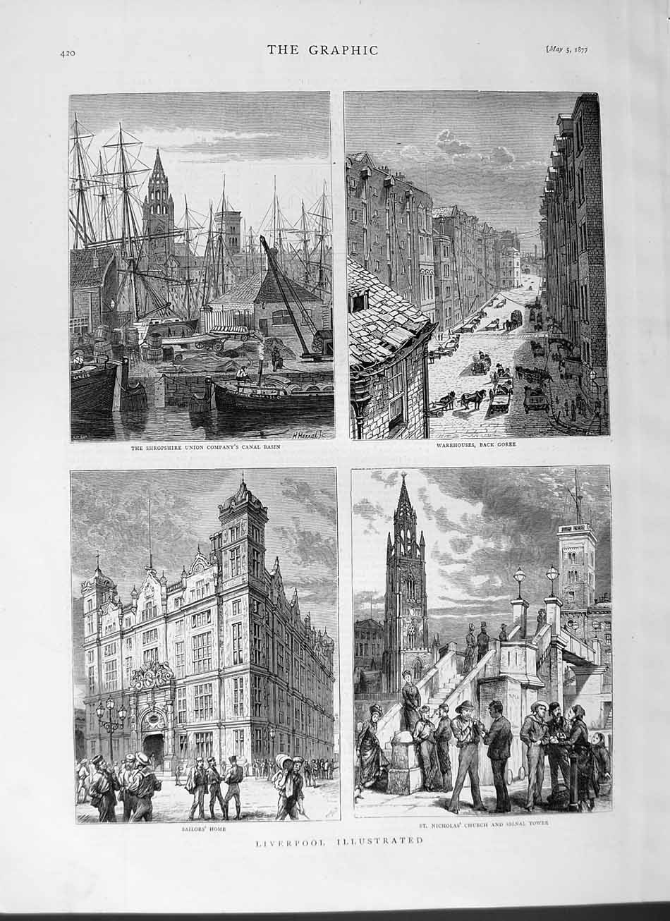 Old Antique Print 1877 Liverpool Church Sailor'S Home Goree Ships Canal 19th