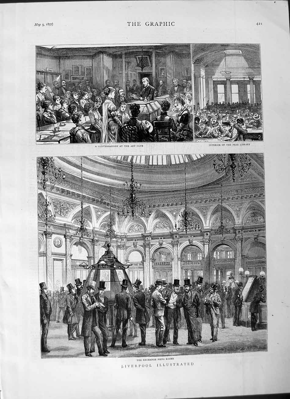 Old Antique Print 1877 Liverpool Free Library Art Club Exchange News Room 19th