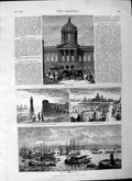 Old Antique Print 1877 Liverpool Town Hall Lighthouse Brighton Pier Ships 19th