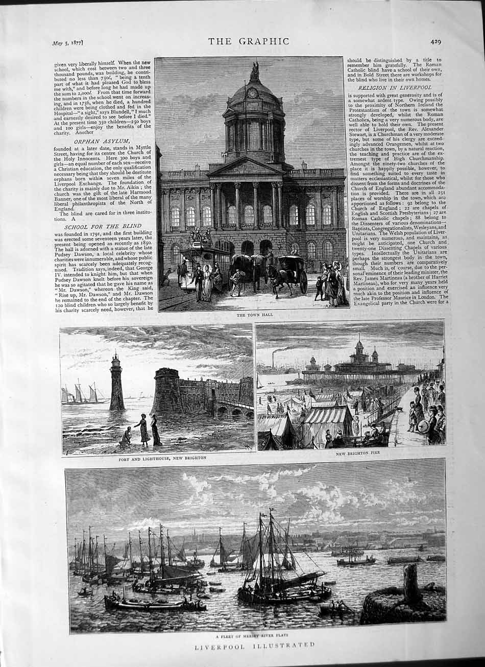 Old Antique Print 1877 Liverpool Town Hall Lighthouse Brighton Pier Ships 19th