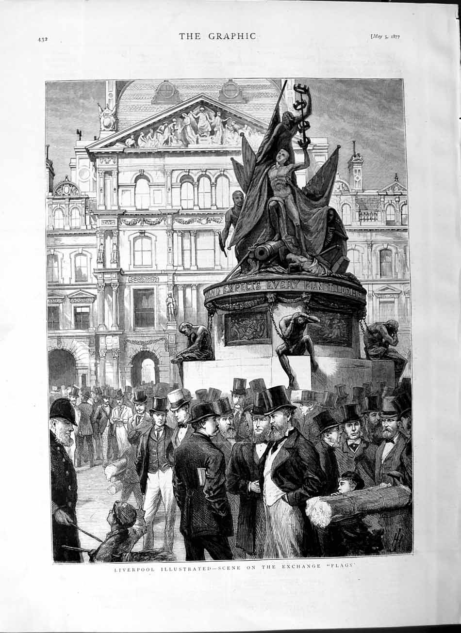 Old Antique Print 1877 Liverpool Scene Exchange Flags Statue Men Top-Hats 19th