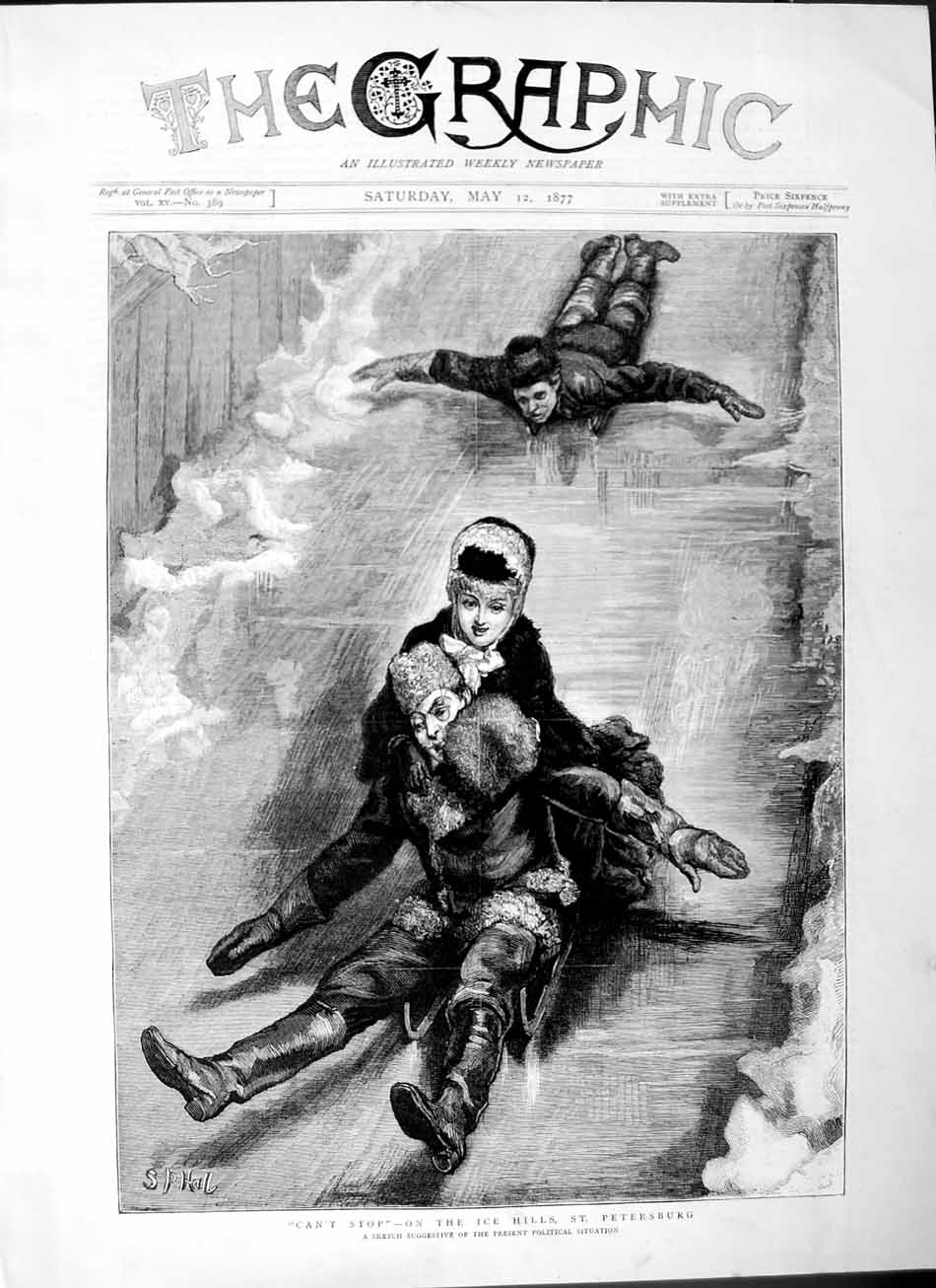 Old Antique Print 1877 Sledging Ice Hills St. Petersburg Man Woman Winter 19th