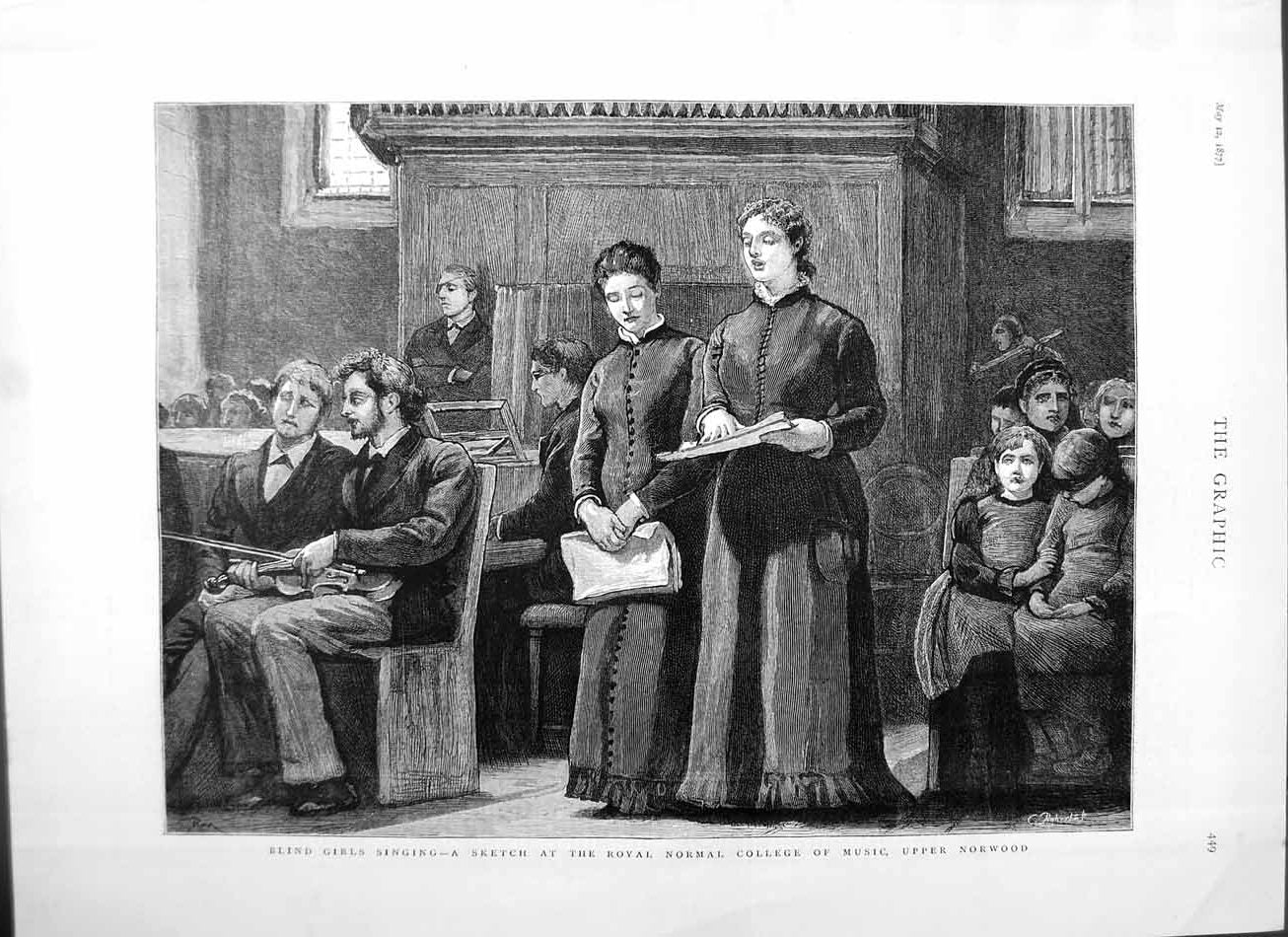 Antique Old Print *3045 1877 Blind Girls Singing Royal College Music Norwood