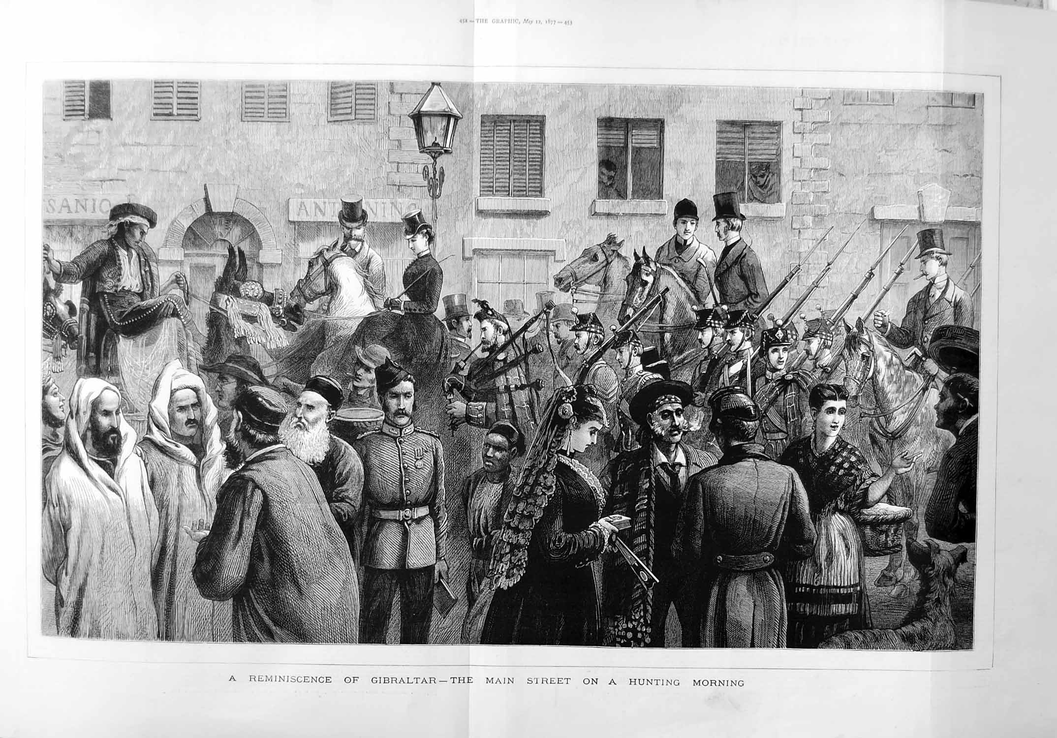 Original Old Antique Print 1877 Siers Street Scene Hunting Sport Horses 19th