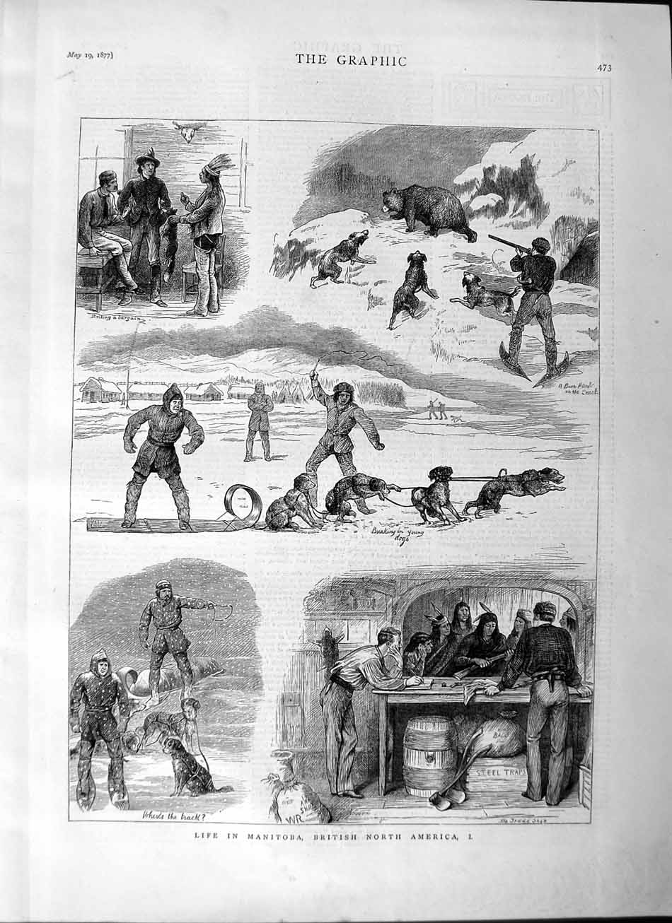 Old Antique Print 1877 Life Manitoba British North America Sledge Hunting 19th
