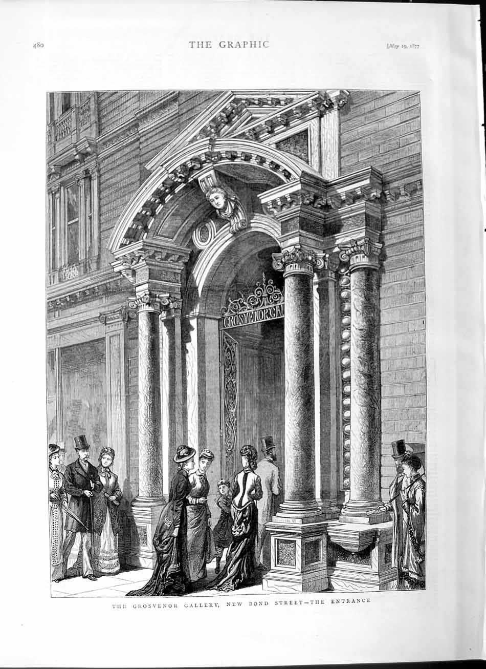 Original Old Antique Print 1877 Grosvenor Gallery New Bond Street London Art