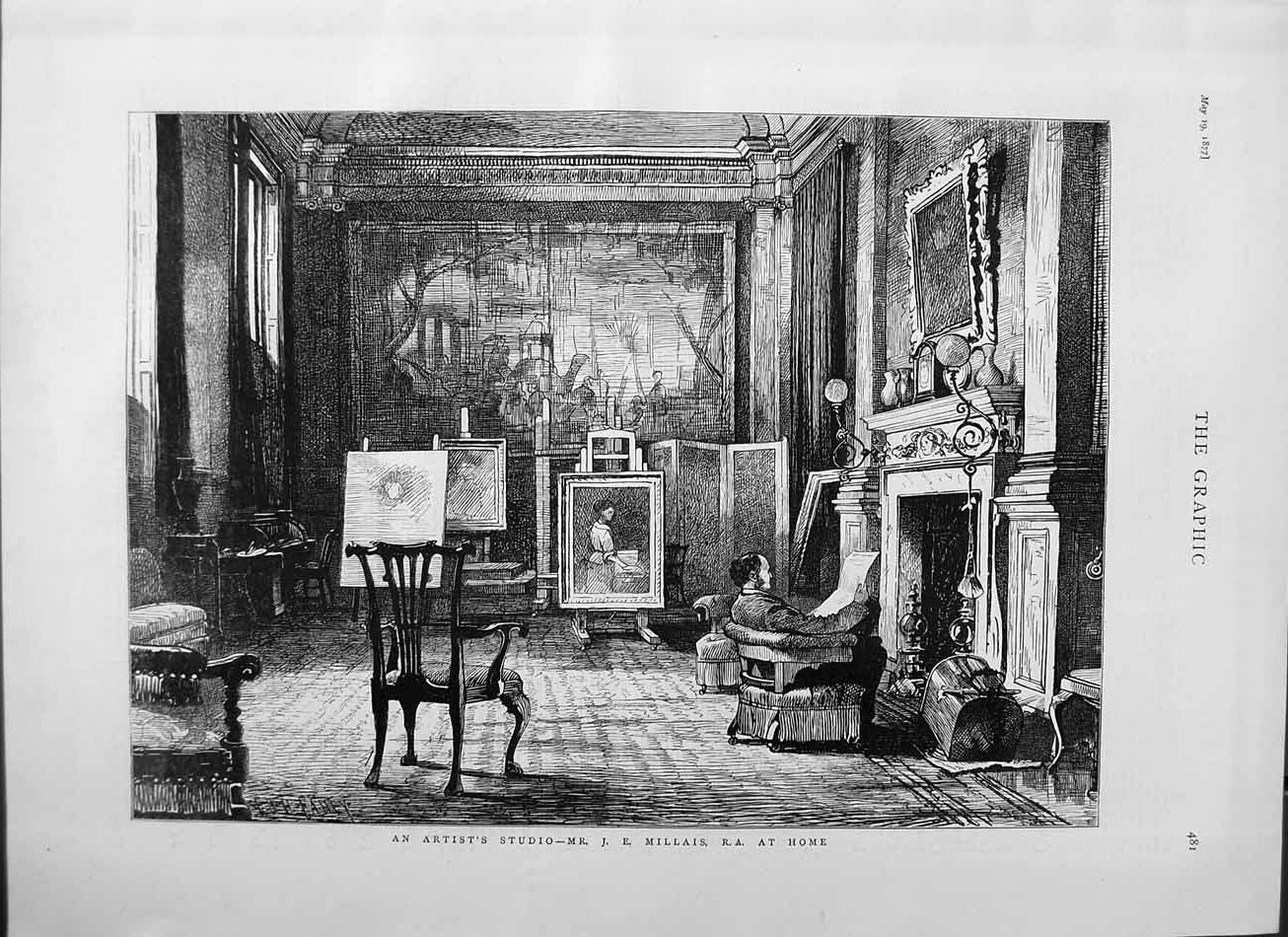 Old Antique Print 1877 Artist Studio Mr. Millais Home Paintings Fine Art 19th