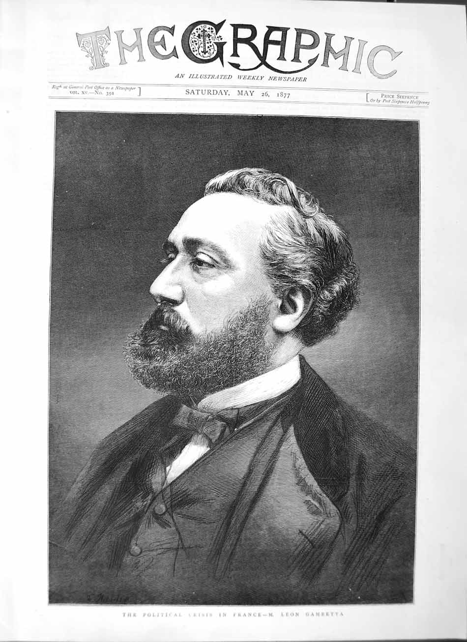 Original Old Antique Print 1877 Portrait Leon Gambetta French Politician 19th