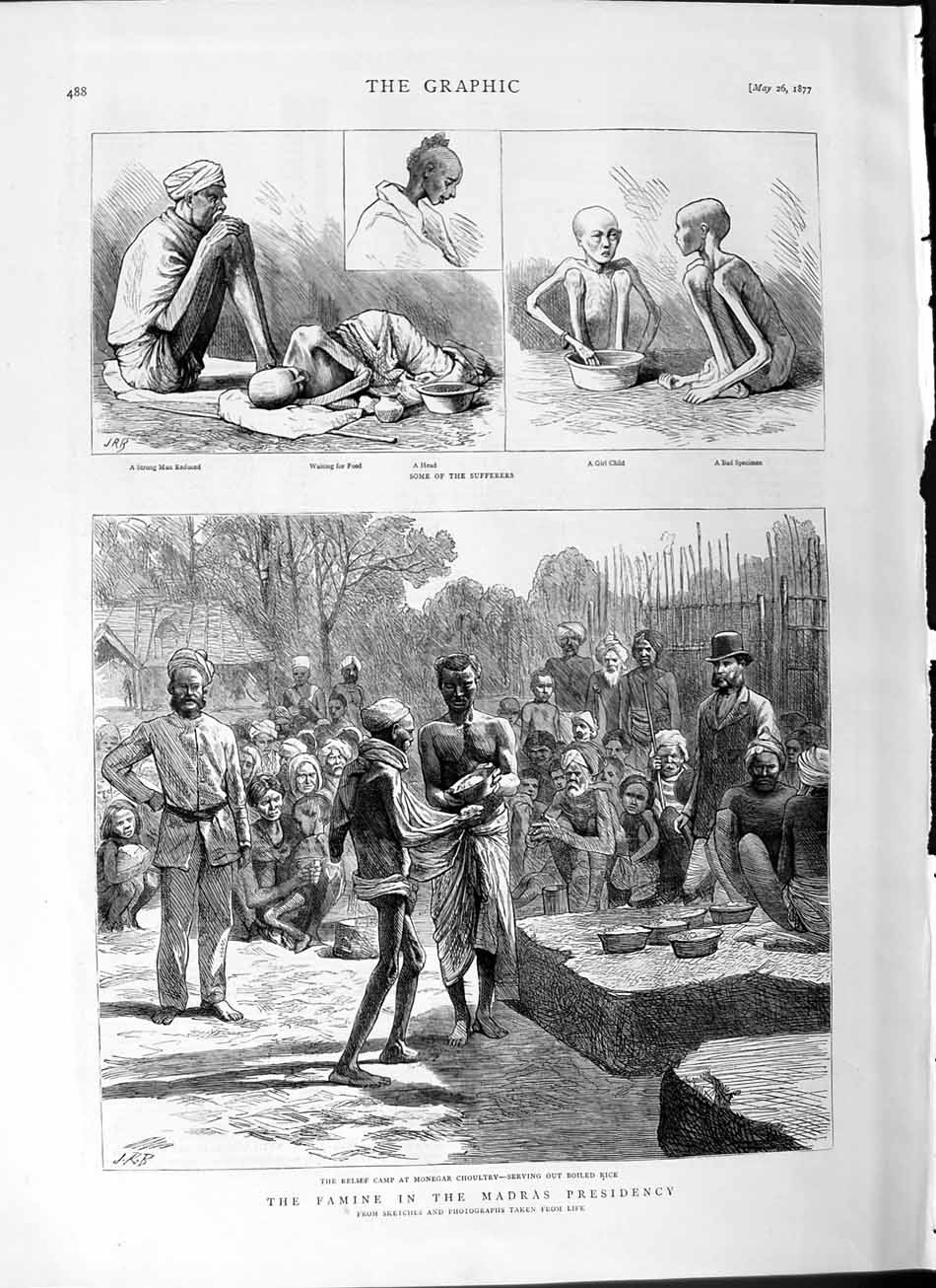 Old Antique Print 1877 Famine Madras Presidency Monegar Choultry People 19th