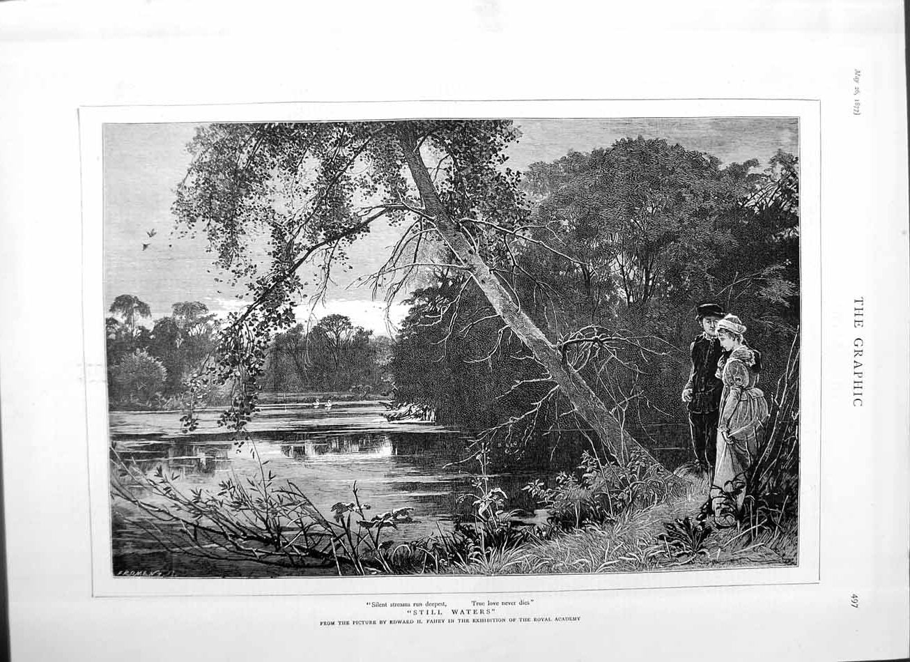 Old Antique Print 1877 Royal Academy Fine Art Romance River Trees Country 19th