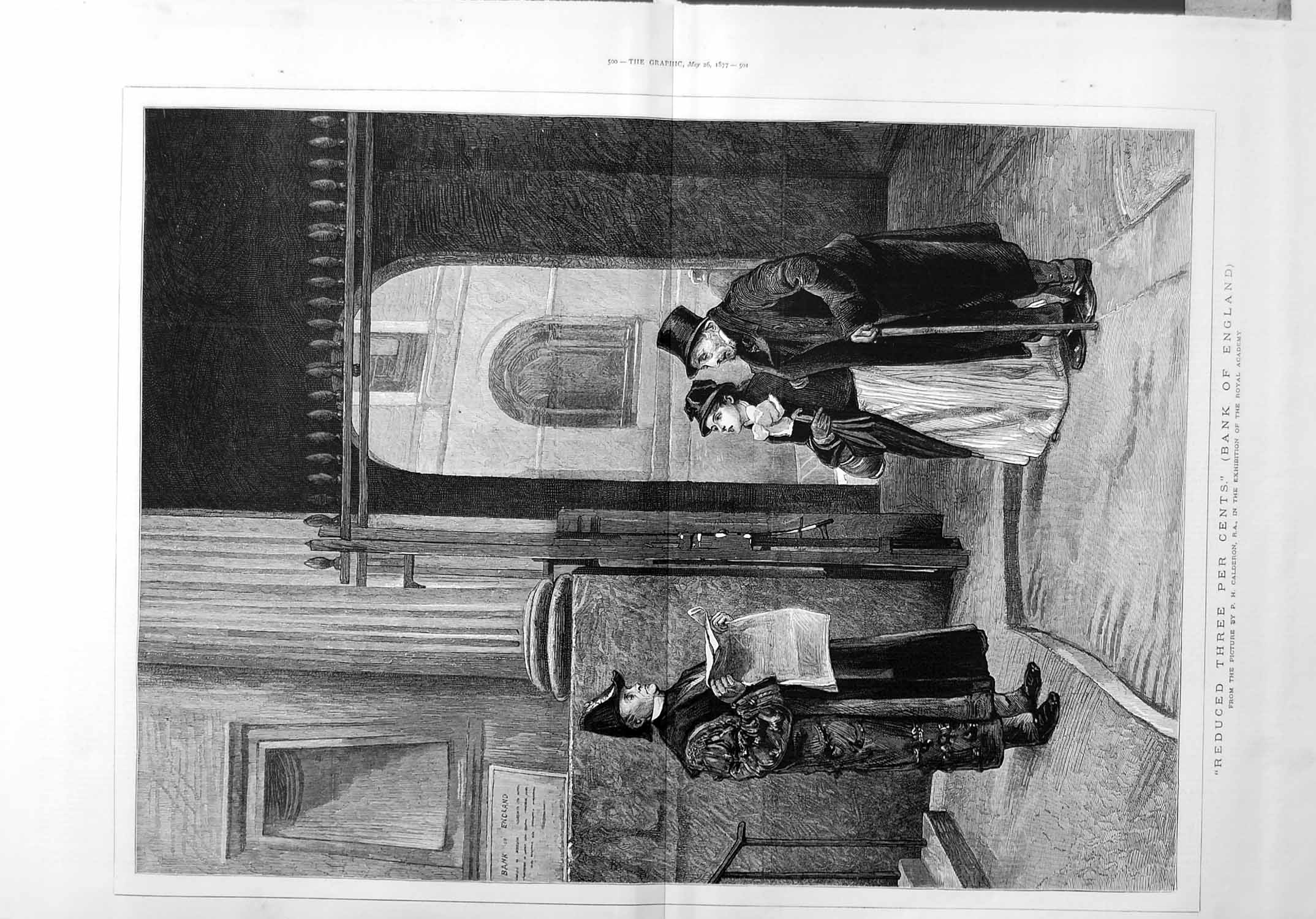 Antique Old Print 1877 Bank England Lady Man Guard Calderon Royal Academy 19th