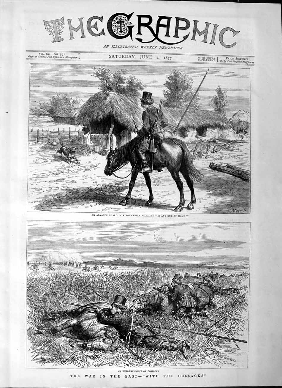 Original Old Antique Print 1877 War East Cossacks Siers Roumanian Village Army