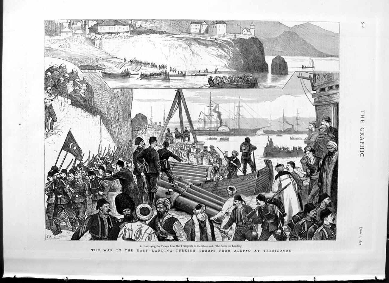 Original Old Antique Print 1877 War East Turkish Troops Aleppo Trebizonde Ships