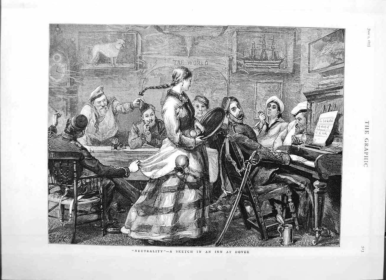 Old Antique Print 1877 Scene Inn Dover England Man Piano Music Waitress 19th