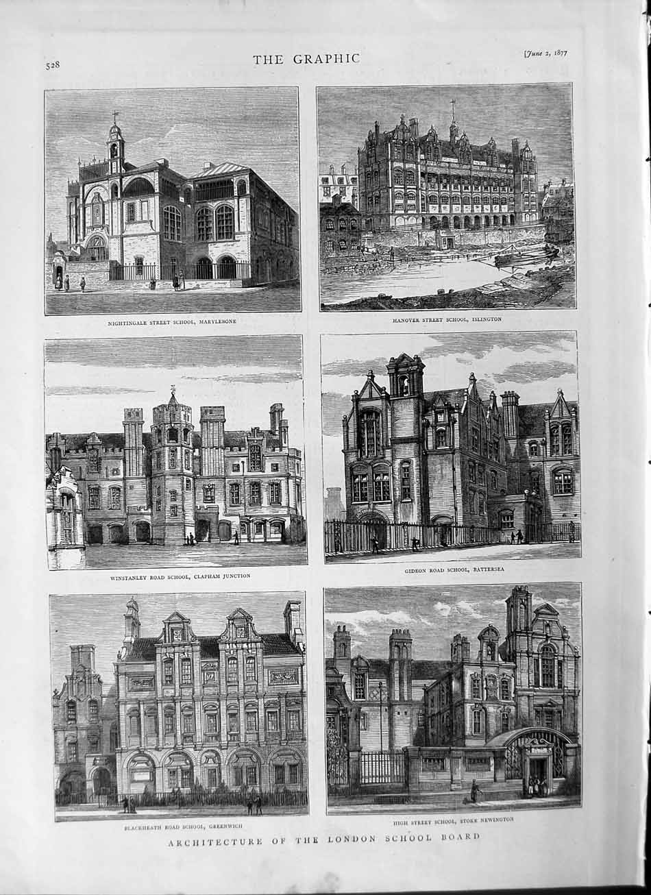 Original Old Antique Print 1877 Architecture London School Battersea Islington