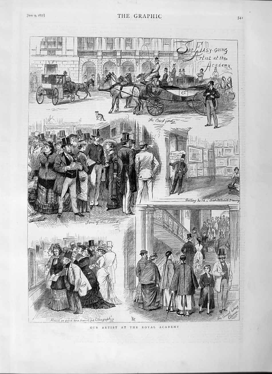 Old Antique Print 1877 Royal Academy People Art Paintings Horses Carriage 19th