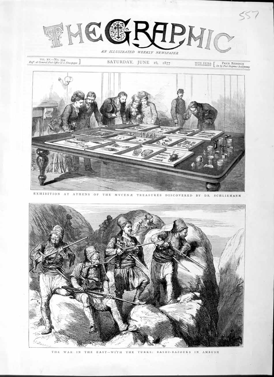Old Antique Print 1877 War Turks Bashi-Bazouks Athens Mycenae Schliemann 19th